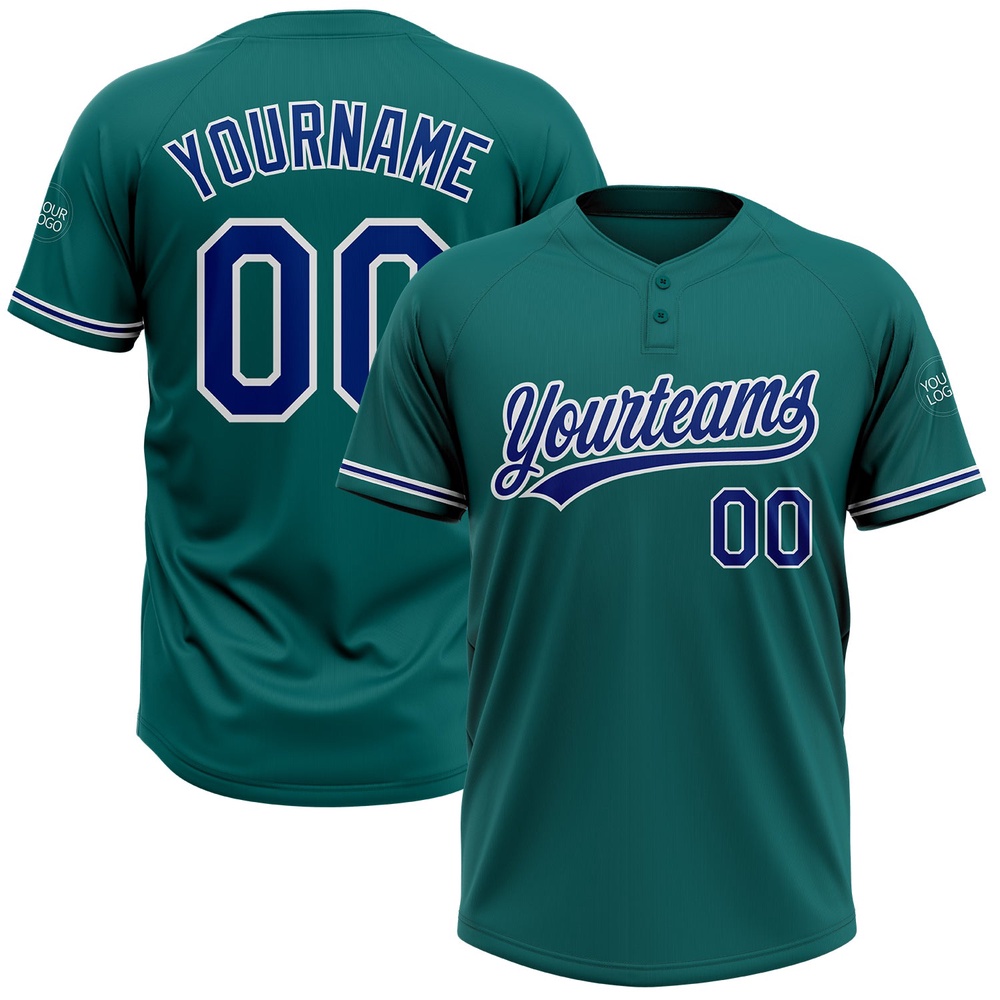 Teal Royal White Two Button Unisex Softball Jersey, Custom Team Softball Jersey