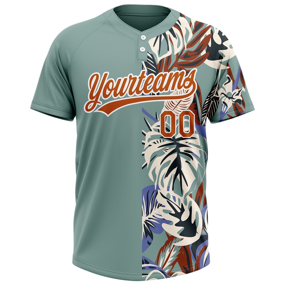 Teal Texas Orange White 3D Pattern Hawaii Tropical Palm Leaves Two Button Unisex Softball Jersey, Custom Team Softball Jersey