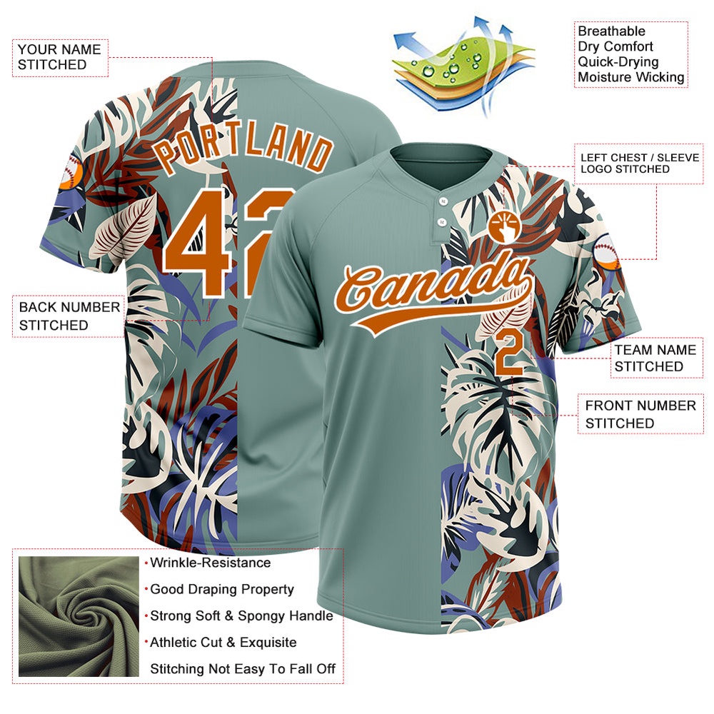 Teal Texas Orange White 3D Pattern Hawaii Tropical Palm Leaves Two Button Unisex Softball Jersey, Custom Team Softball Jersey