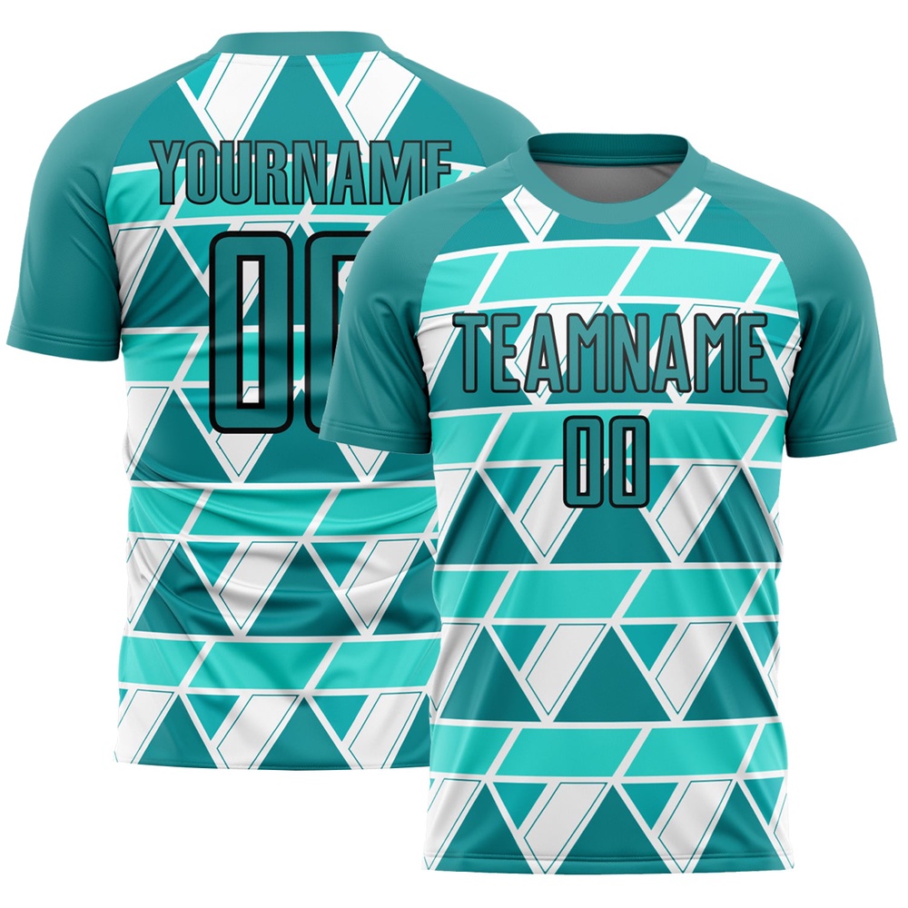 Teal White Black Geometric Shapes Sublimation Soccer Uniform Jersey, Custom Team Soccer Jersey Shirt