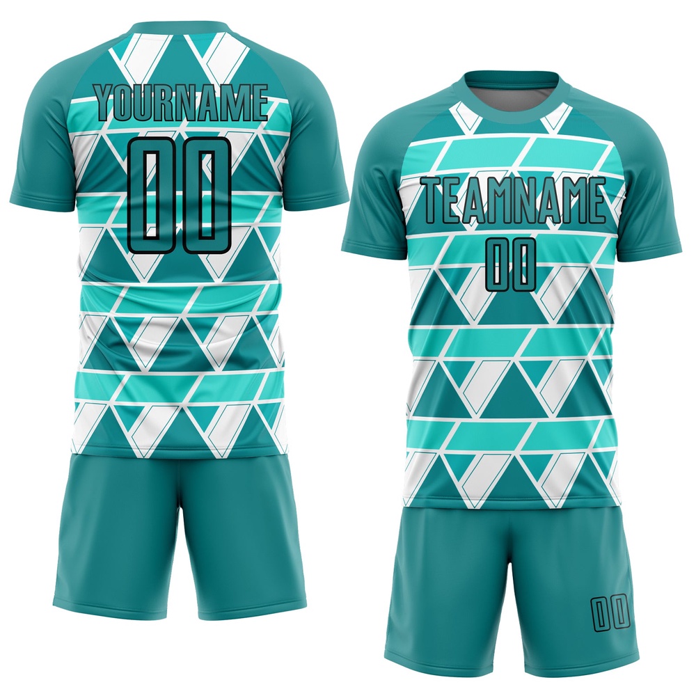 Teal White Black Geometric Shapes Sublimation Soccer Uniform Jersey, Custom Team Soccer Jersey Shirt