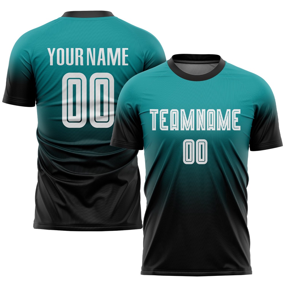 Teal White Black Sublimation Fade Fashion Soccer Uniform Jersey, Custom Team Soccer Jersey Shirt