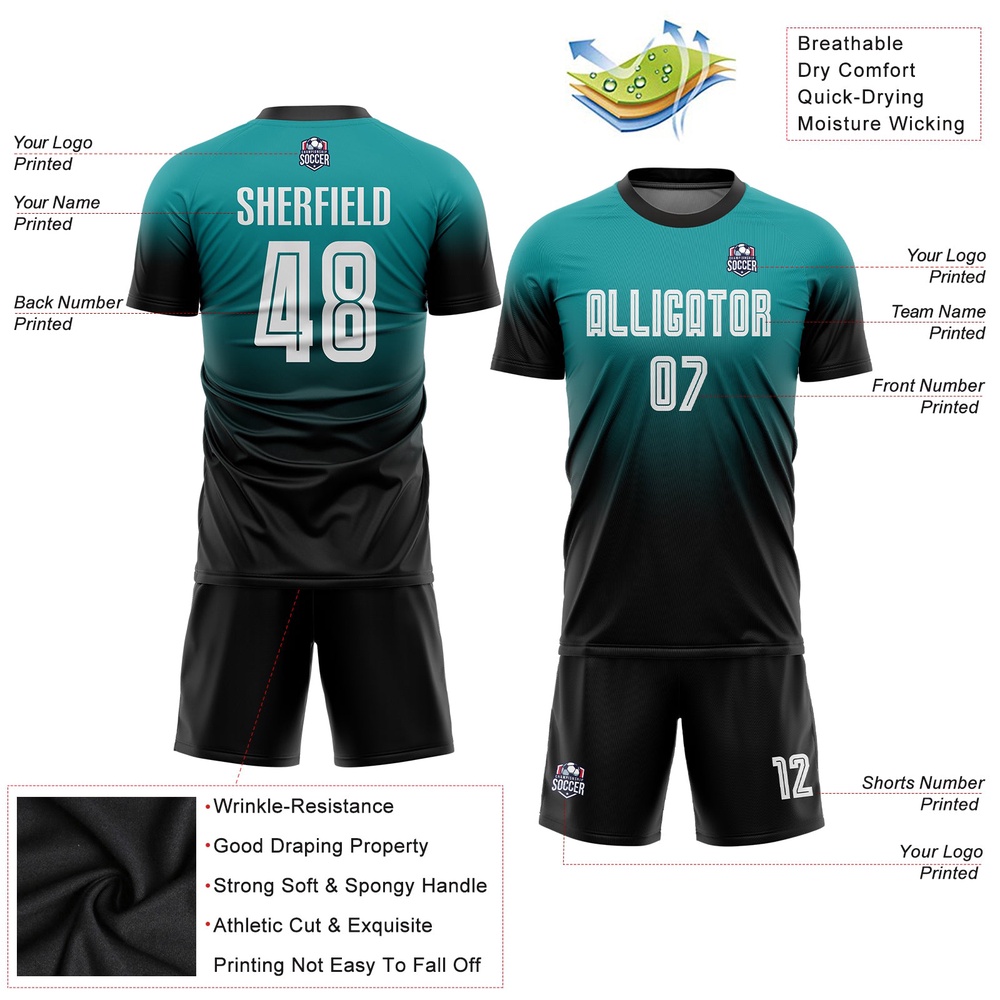 Teal White Black Sublimation Fade Fashion Soccer Uniform Jersey, Custom Team Soccer Jersey Shirt