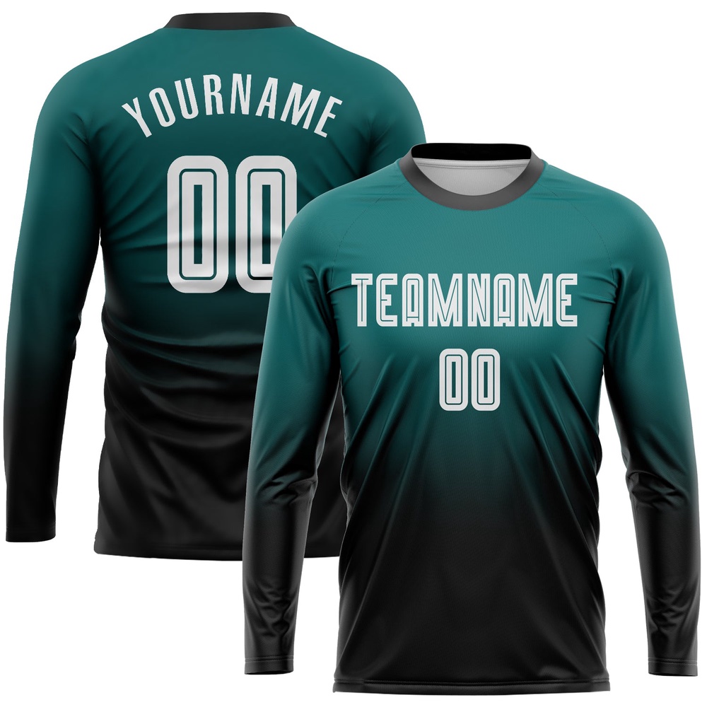 Teal White Black Sublimation Long Sleeve Fade Fashion Soccer Uniform Jersey, Custom Team Soccer Jersey Shirt