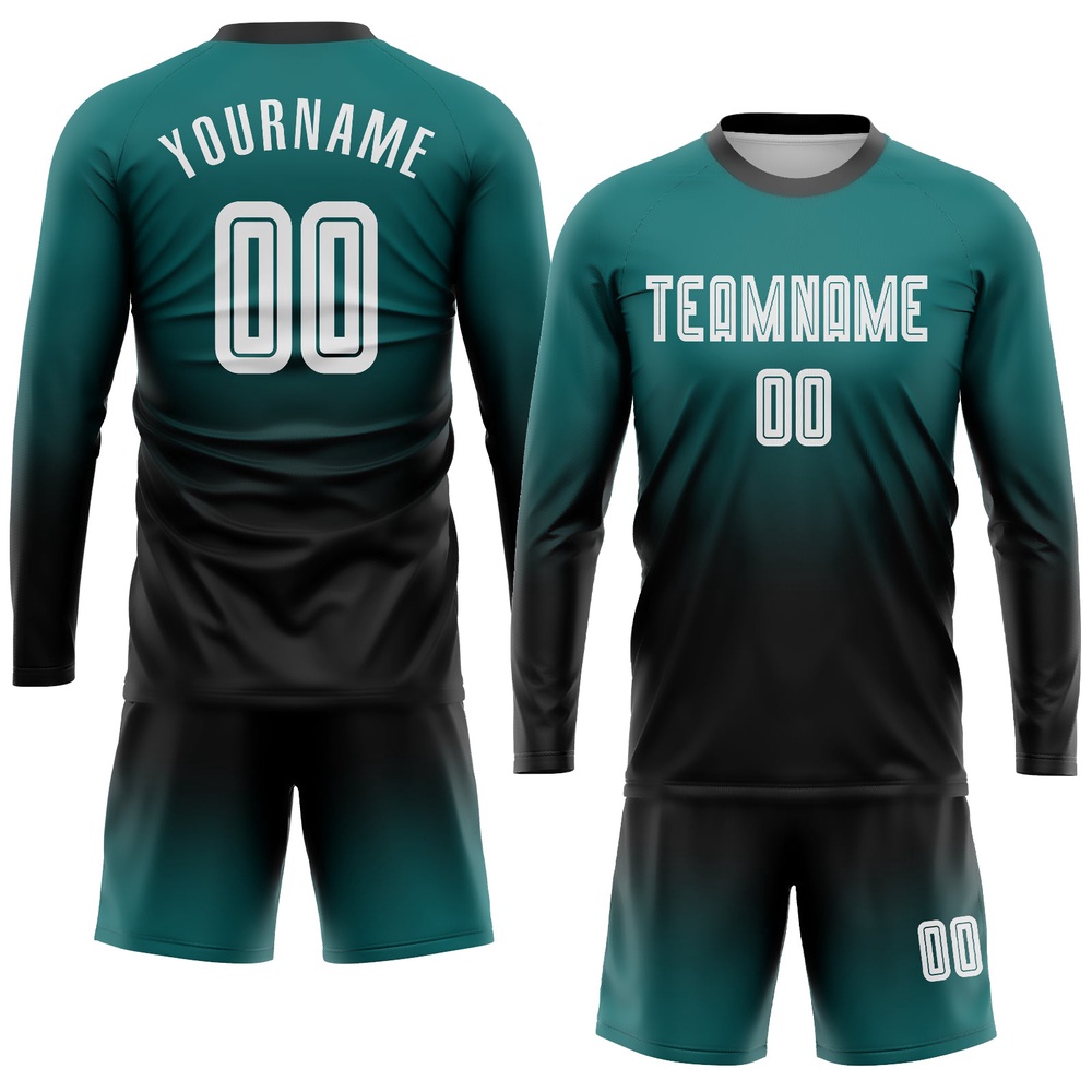 Teal White Black Sublimation Long Sleeve Fade Fashion Soccer Uniform Jersey, Custom Team Soccer Jersey Shirt