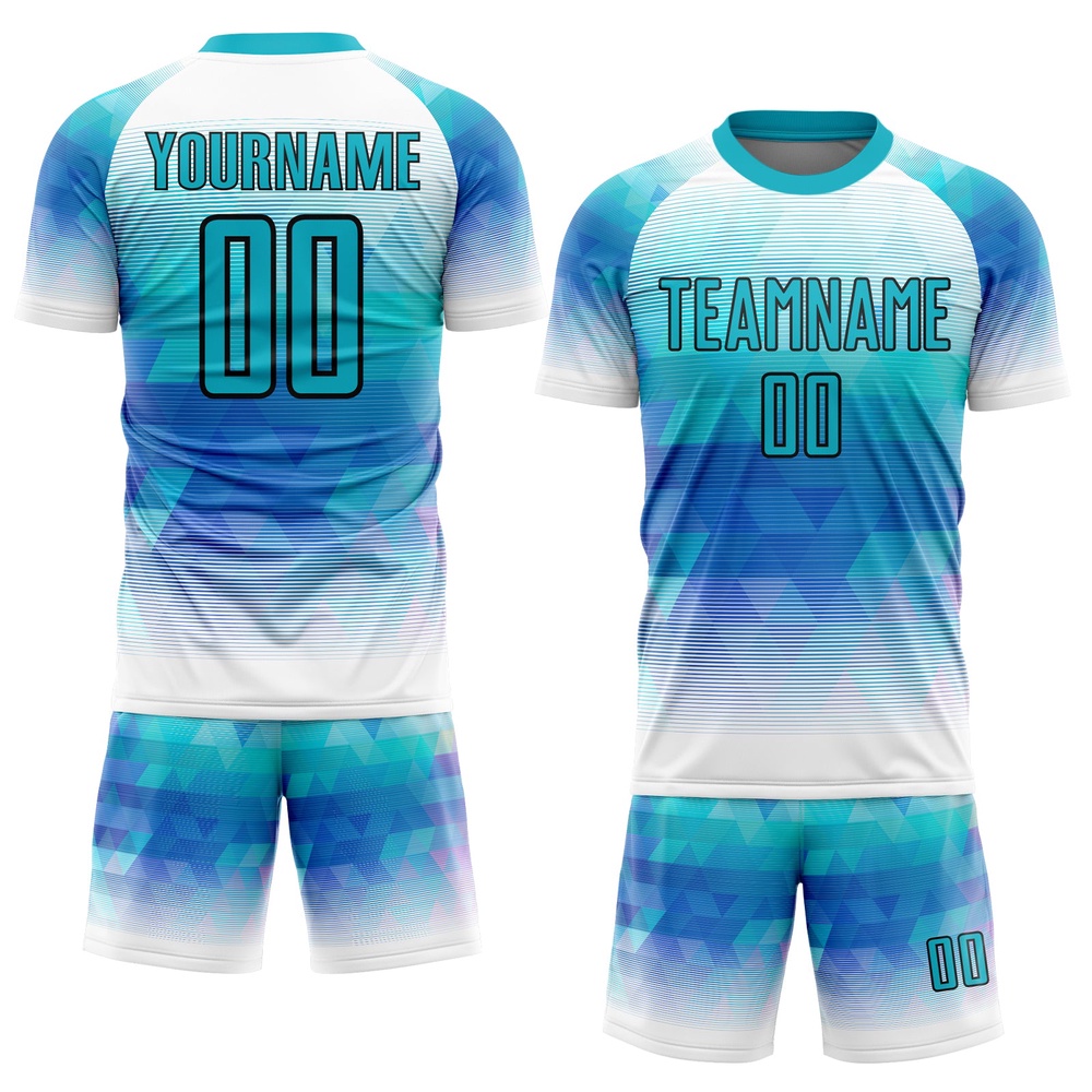 Teal White Geometric Triangle Sublimation Soccer Uniform Jersey, Custom Team Soccer Jersey Shirt