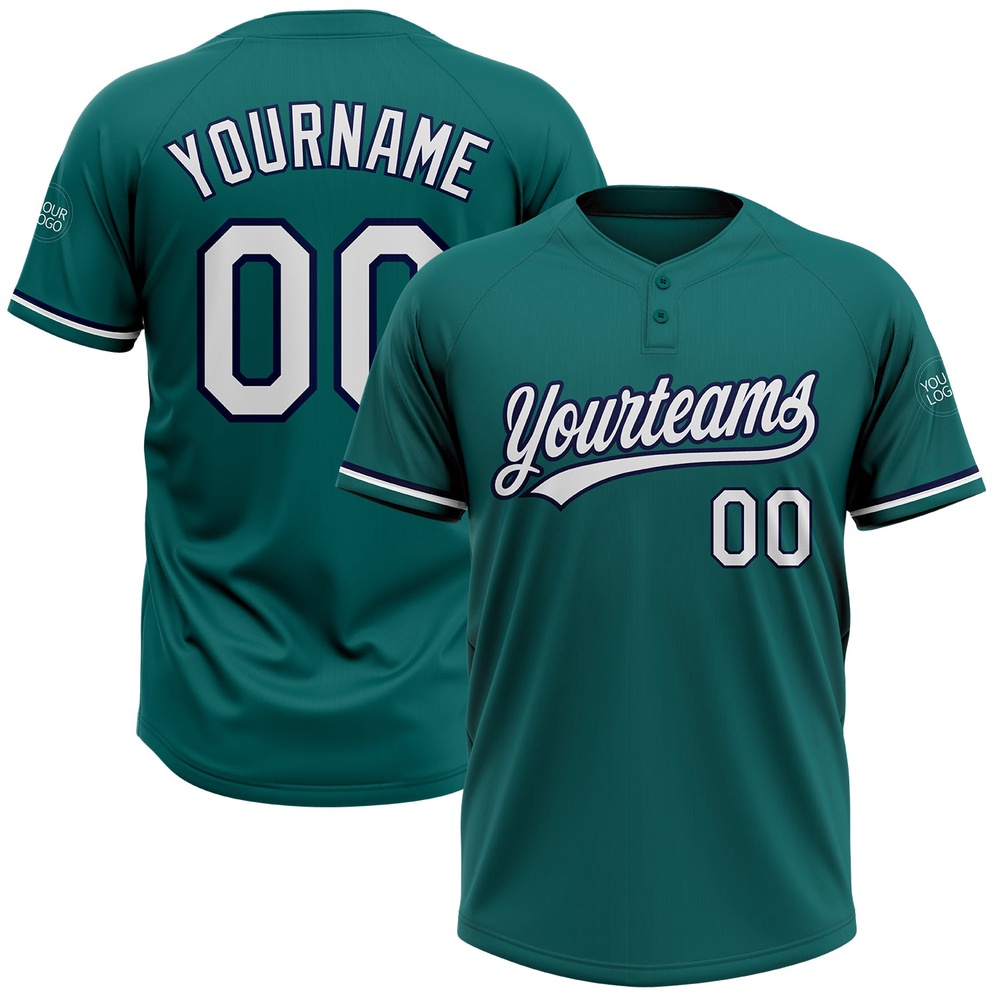 Teal White Navy Two Button Unisex Softball Jersey, Custom Team Softball Jersey