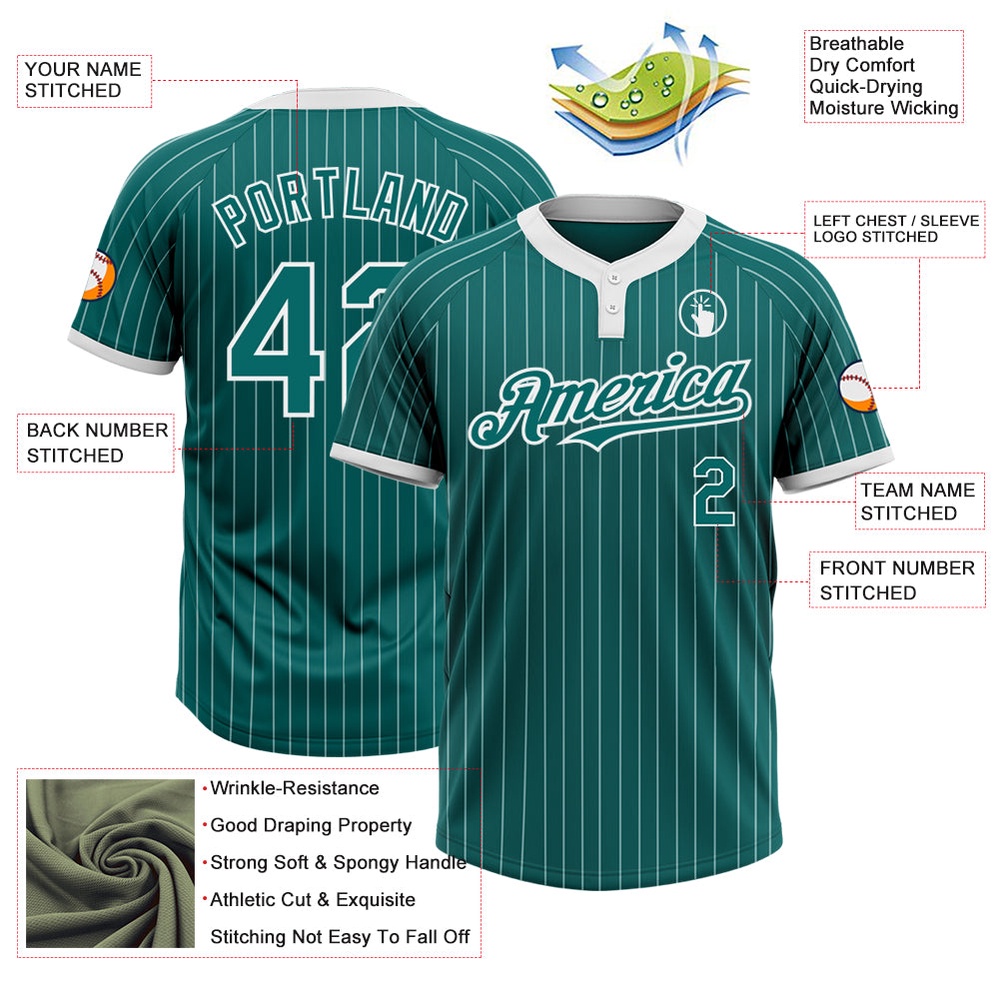 Teal White Pinstripe White Two Button Unisex Softball Jersey, Custom Team Softball Jersey