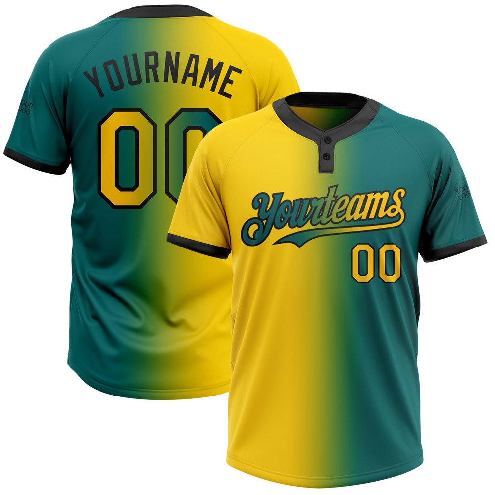 Teal Yellow Black Gradient Fashion Two Button Unisex Softball Jersey, Custom Team Softball Jersey