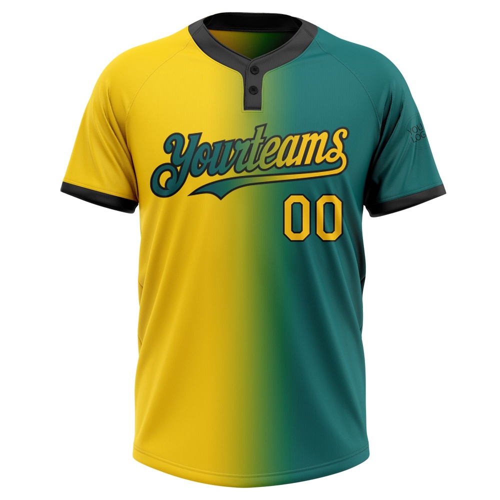 Teal Yellow Black Gradient Fashion Two Button Unisex Softball Jersey, Custom Team Softball Jersey