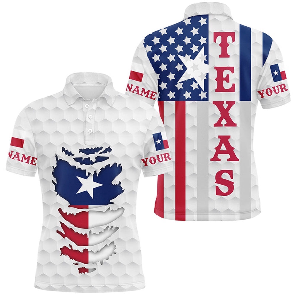 Texas American Flag Men’s Golf Polo Shirts Custom White Golf Ball Skin Patriot Golf Apparel For Men, Golf Polo Shirt, Golf Shirts