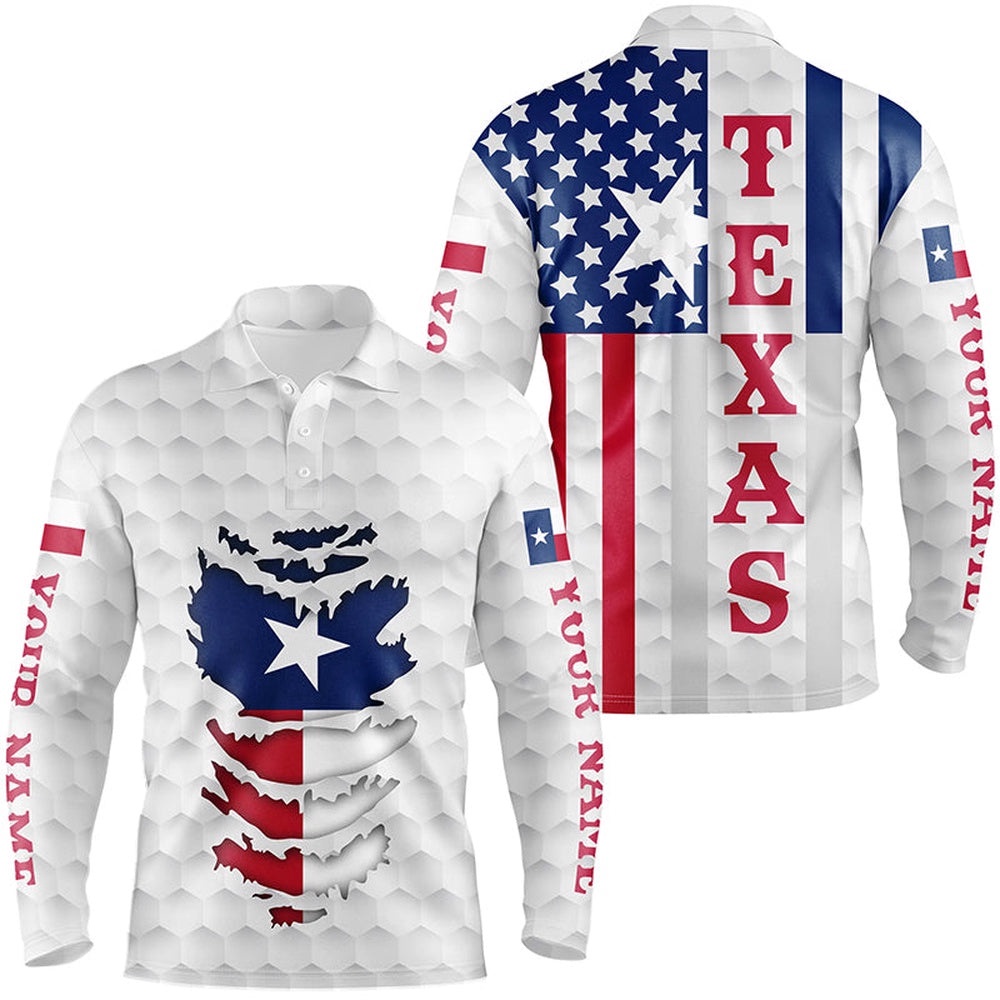 Texas American Flag Men’s Golf Polo Shirts Custom White Golf Ball Skin Patriot Golf Apparel For Men, Golf Polo Shirt, Golf Shirts