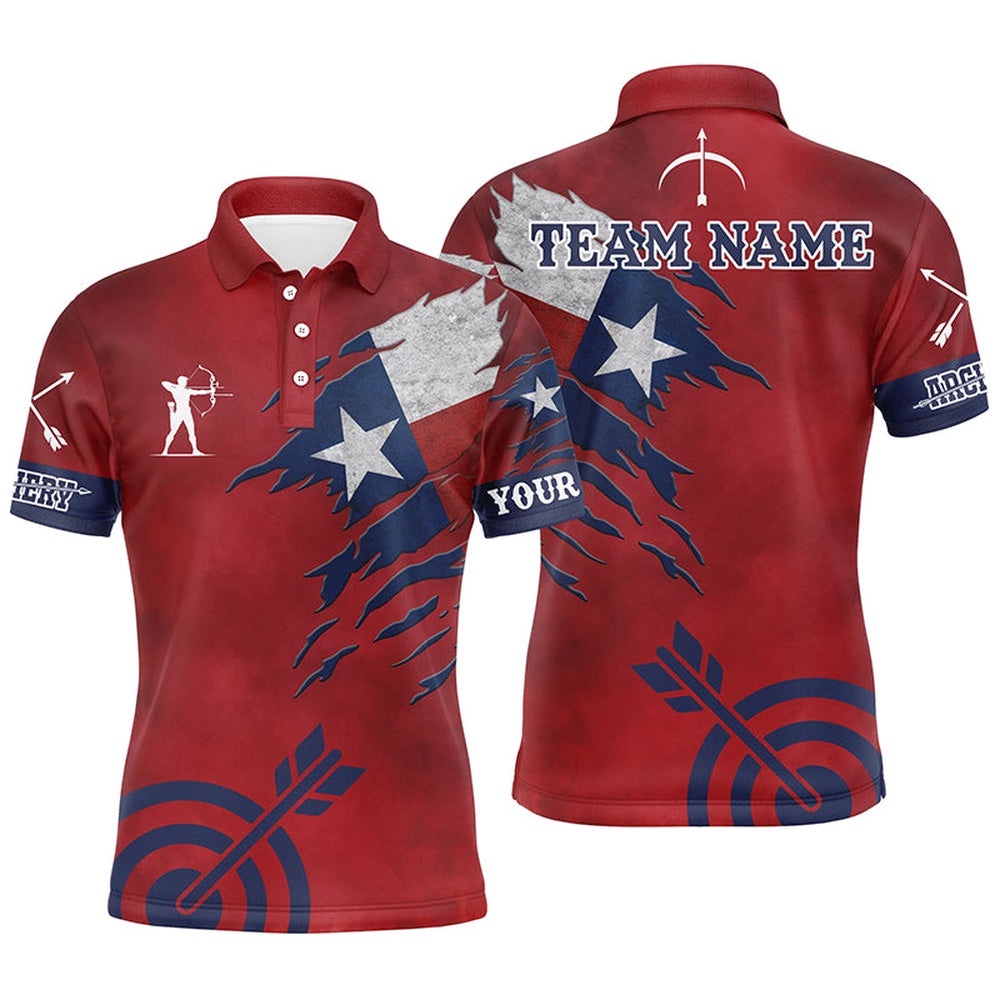 Texas Archery Men Polo Shirts, Archery Polo Texas Flag Shirts For Patriotic Archer, Custom Archery Team Polo Shirt
