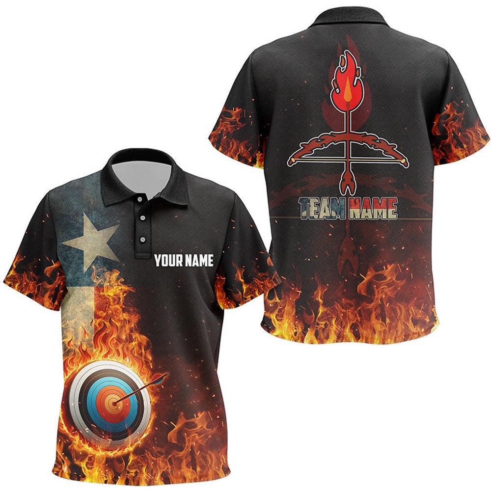 Texas Flag Flaming Target Archery Polo Shirts, Fire Arrow Archery Polo, Custom Archery Team Polo Shirt