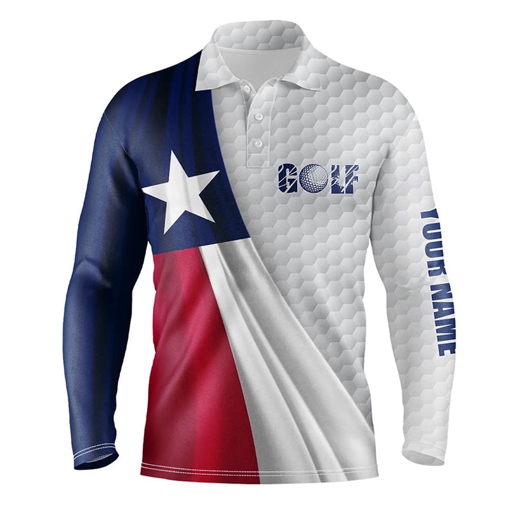 Texas Flag White Golf Ball Skin Men’s Golf Polo Shirts Custom Name Patriotic Golf Tops For Men’s, Golf Polo Shirt, Golf Shirts