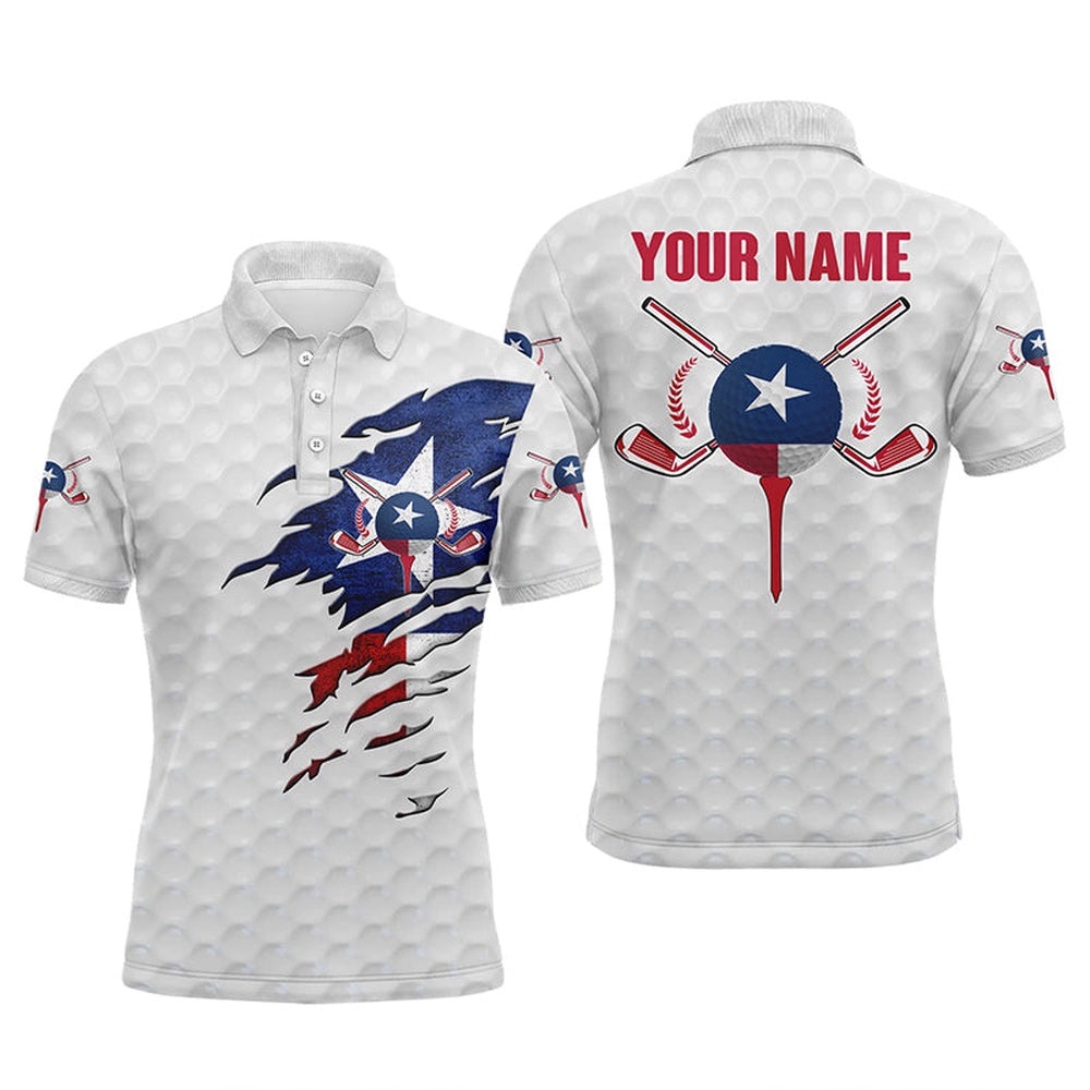 Texas Flag White Golf Ball Skin Men’s Golf Polos Shirts Custom Patriot Golf Gift, Golf Shirt For Men, Golf Polo Shirt, Golf Shirts