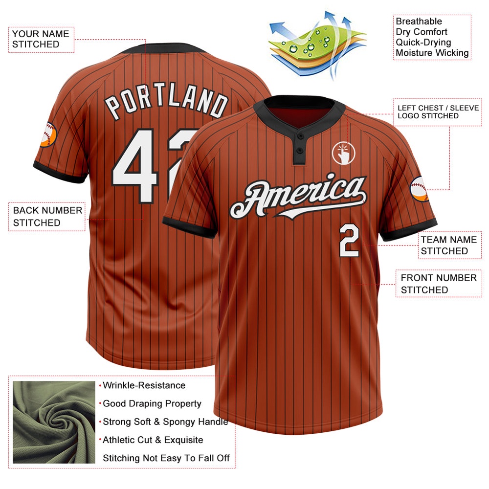 Texas Orange Black Pinstripe White Two Button Unisex Softball Jersey, Custom Team Softball Jersey