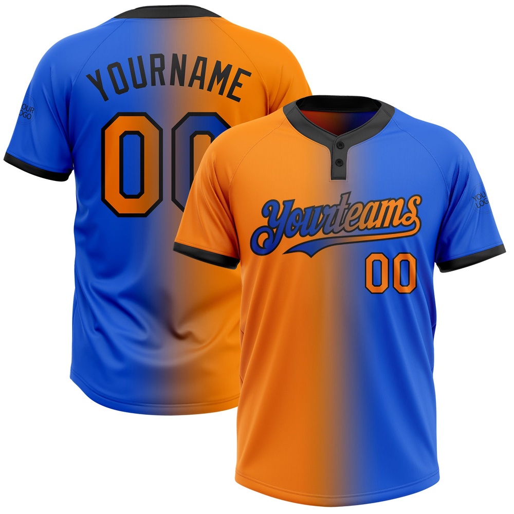 Thunder Blue Bay Orange Black Gradient Fashion Two Button Unisex Softball Jersey, Custom Team Softball Jersey