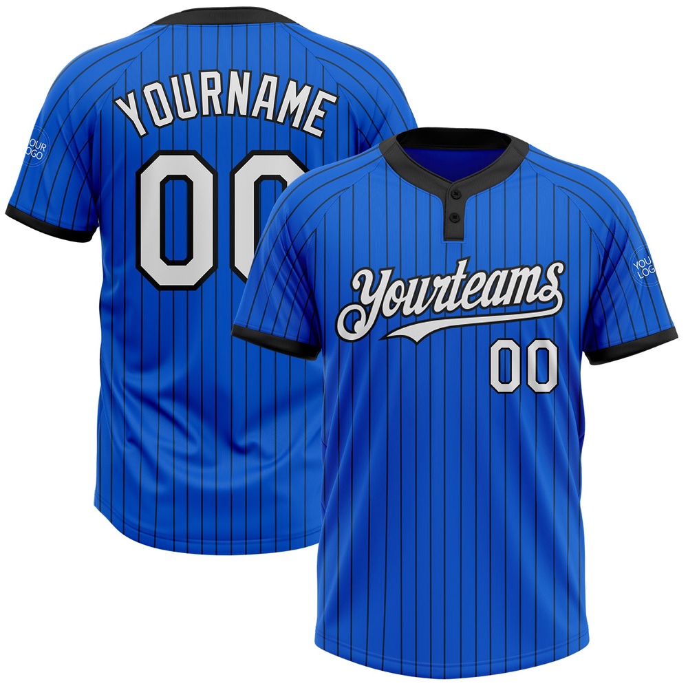 Thunder Blue Black Pinstripe White Two Button Unisex Softball Jersey, Custom Team Softball Jersey