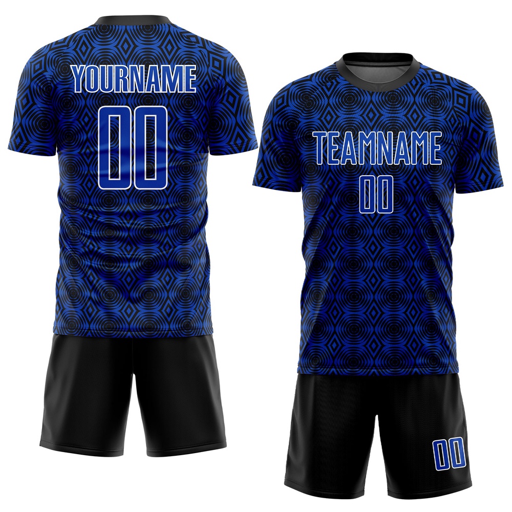 Thunder Blue Black White Geometric Shapes Sublimation Soccer Uniform Jersey, Custom Team Soccer Jersey Shirt