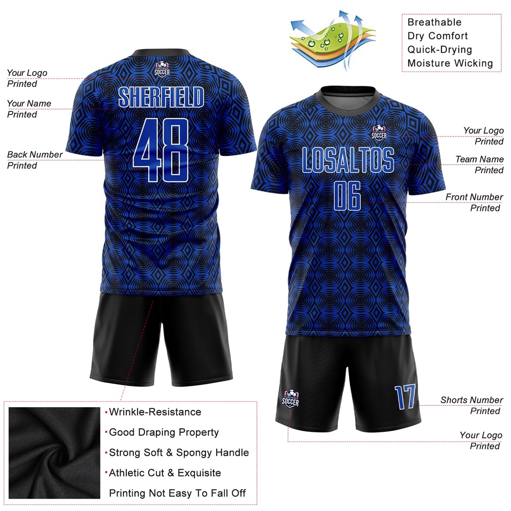 Thunder Blue Black White Geometric Shapes Sublimation Soccer Uniform Jersey, Custom Team Soccer Jersey Shirt