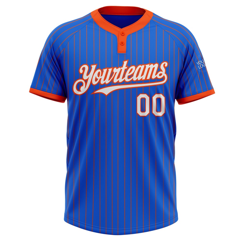 Thunder Blue Orange Pinstripe White Two Button Unisex Softball Jersey, Custom Team Softball Jersey