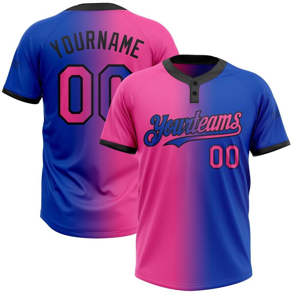 Thunder Blue Pink Black Gradient Fashion Two Button Unisex Softball Jersey, Custom Team Softball Jersey