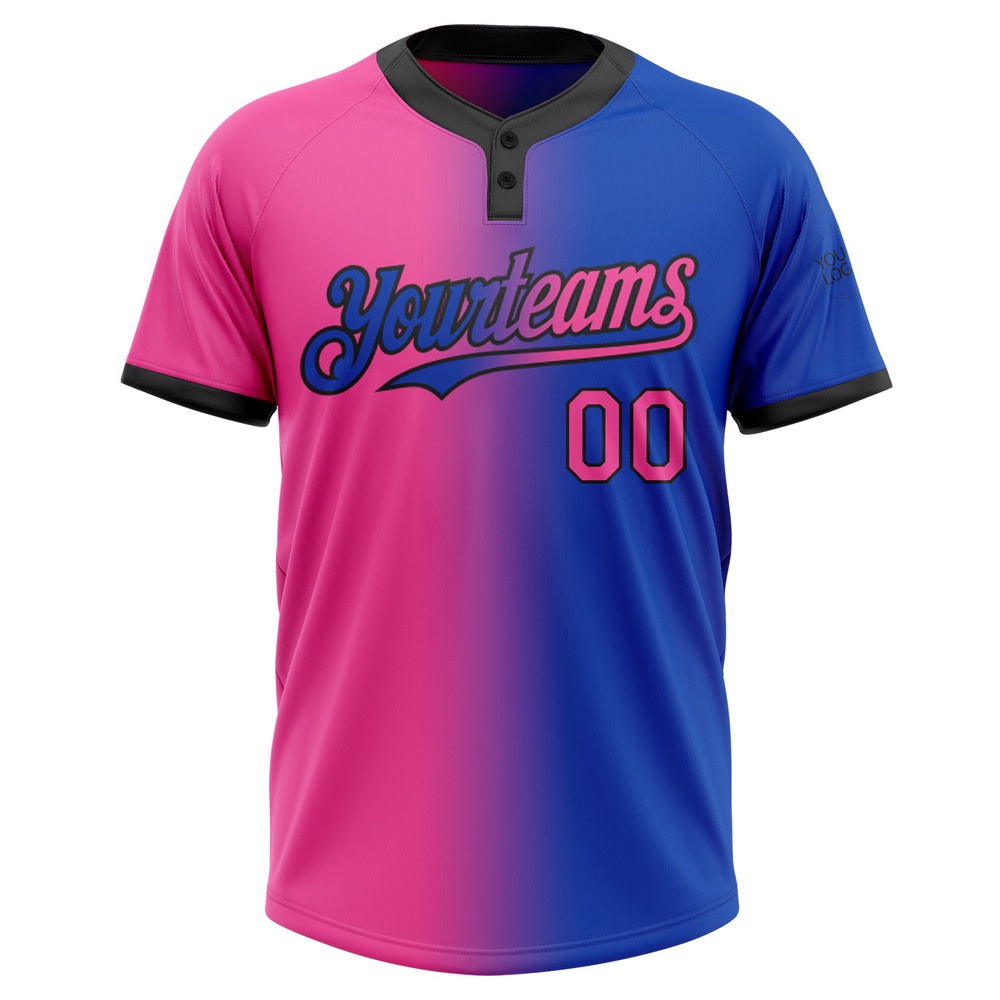 Thunder Blue Pink Black Gradient Fashion Two Button Unisex Softball Jersey, Custom Team Softball Jersey