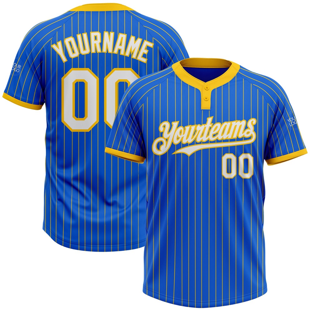 Thunder Blue Yellow Pinstripe White Two Button Unisex Softball Jersey, Custom Team Softball Jersey Thunder Blue Yellow Pinstripe White Two Button Unisex Softball Jersey, Custom Team Softball Jersey