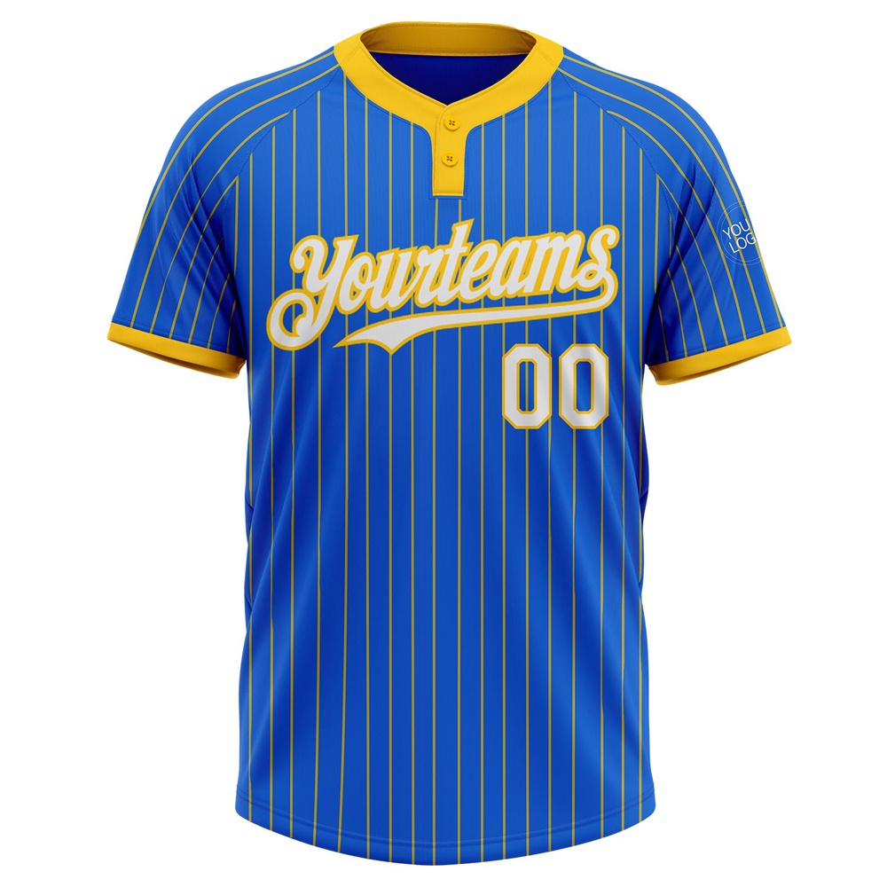 Thunder Blue Yellow Pinstripe White Two Button Unisex Softball Jersey, Custom Team Softball Jersey Thunder Blue Yellow Pinstripe White Two Button Unisex Softball Jersey, Custom Team Softball Jersey