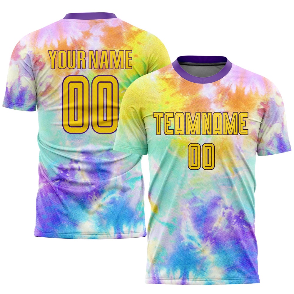 Tie Dye Gold Purple Sublimation Soccer Uniform Jersey, Custom Team Soccer Jersey Shirt