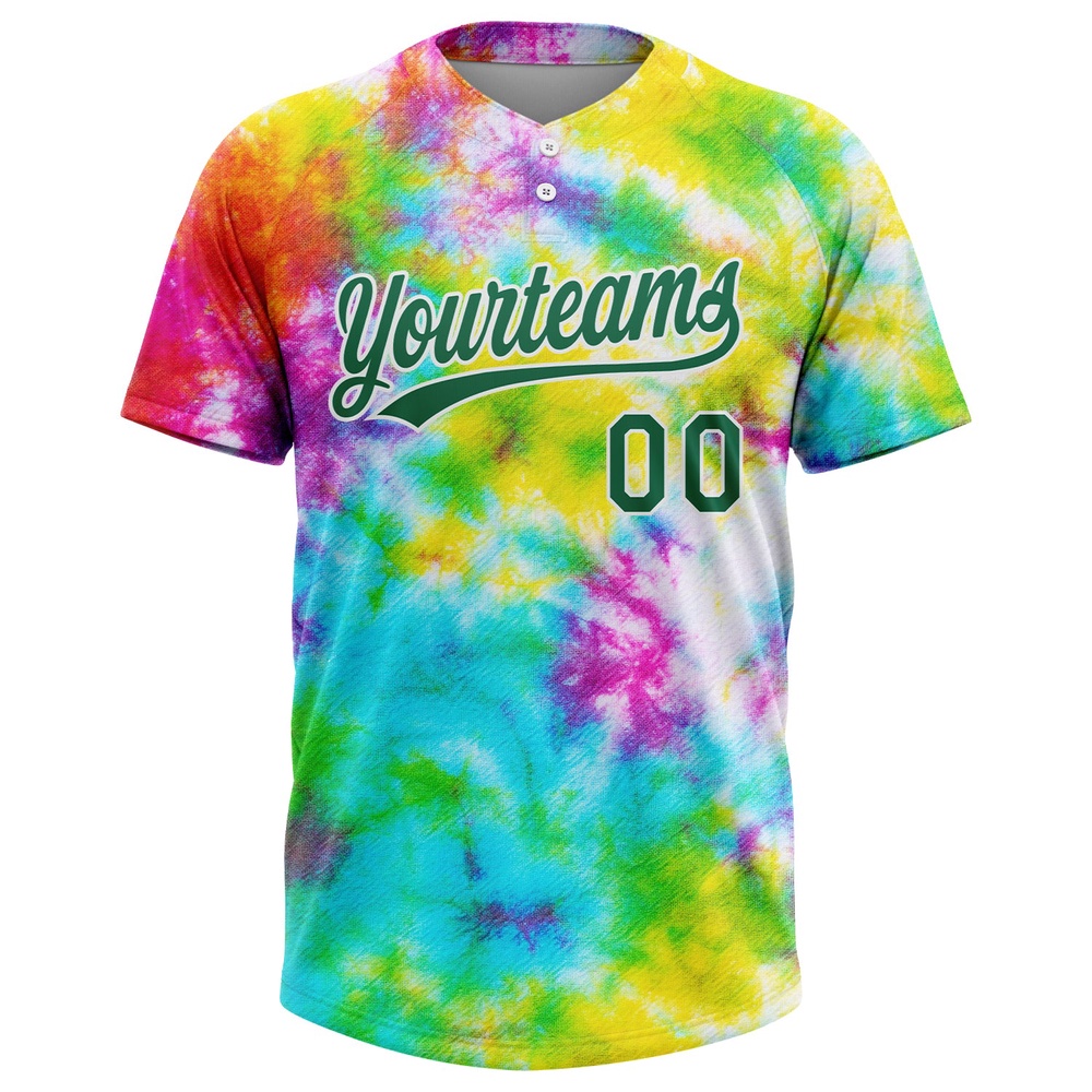 Tie Dye Kelly Green White 3D Rainbow Two Button Unisex Softball Jersey, Custom Team Softball Jersey Tie Dye Kelly Green White 3D Rainbow Two Button Unisex Softball Jersey, Custom Team Softball Jersey