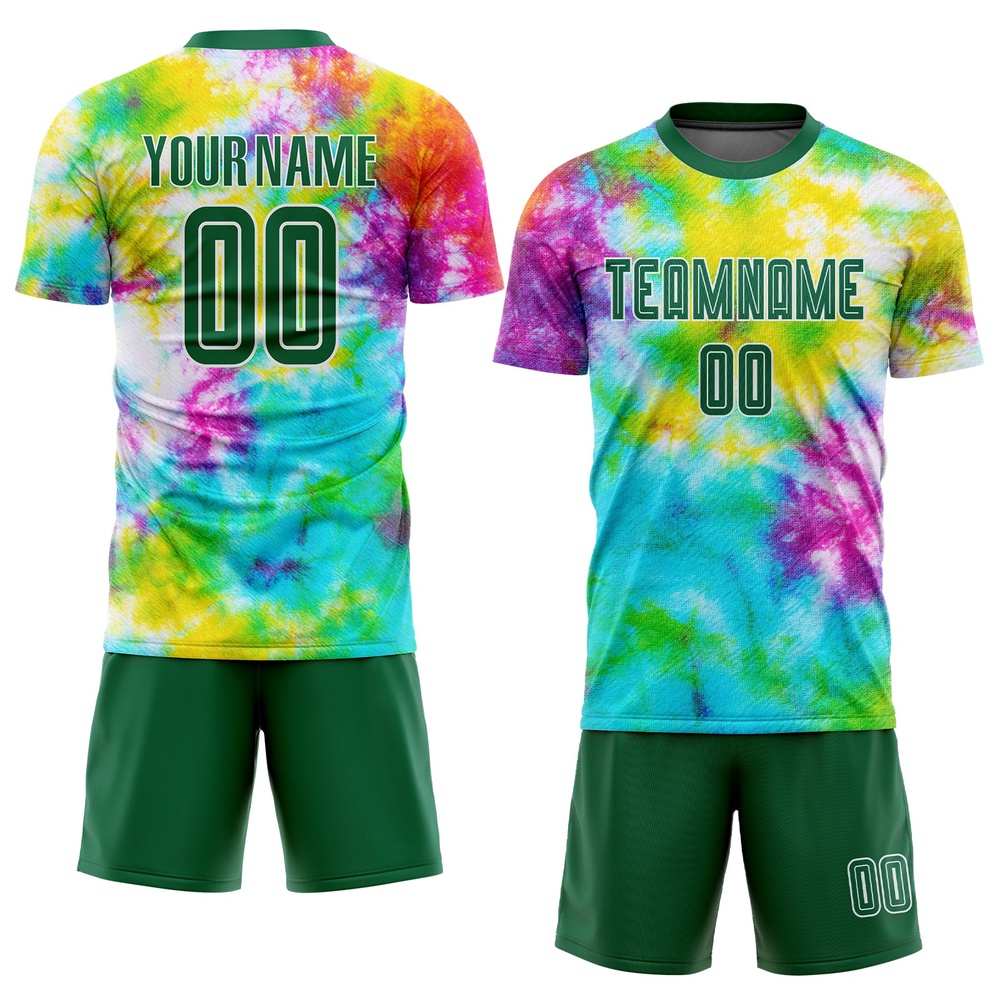 Tie Dye Kelly Green White Sublimation Soccer Uniform Jersey, Custom Team Soccer Jersey Shirt