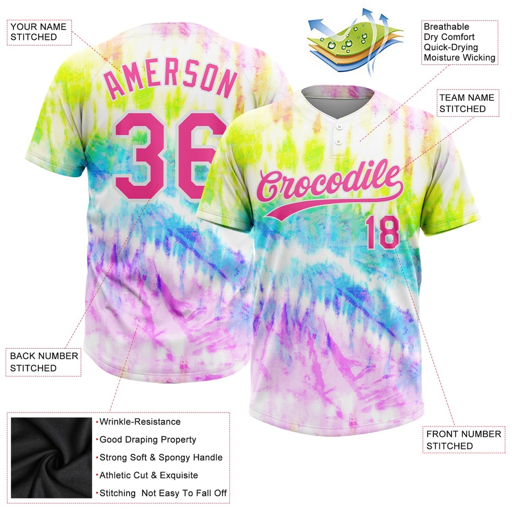 Tie Dye Pink Purple 3D Rainbow Two Button Unisex Softball Jersey, Custom Team Softball Jersey