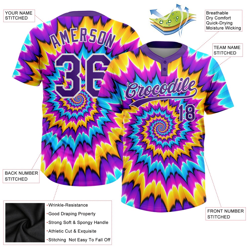 Tie Dye Purple White 3D Two Button Unisex Softball Jersey, Custom Team Softball Jersey
