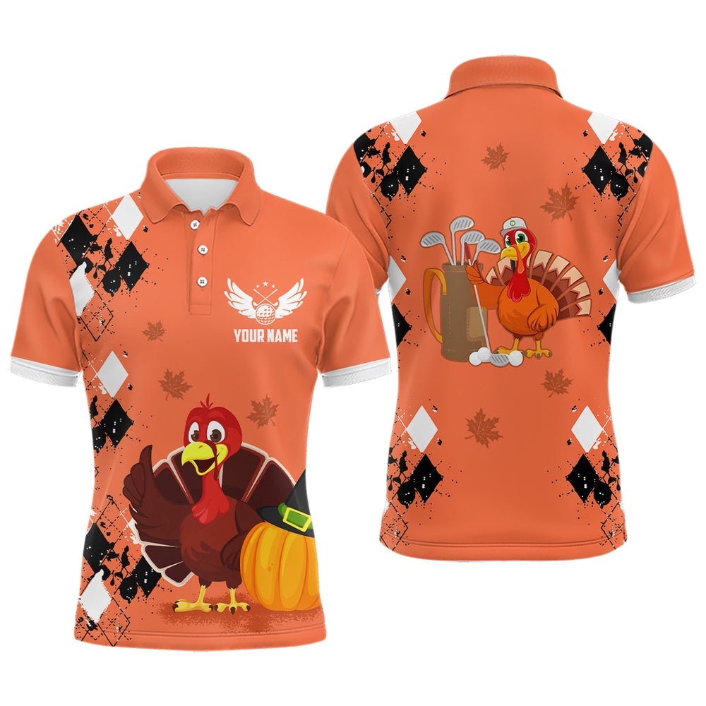 Turkey Bird Thanksgiving Golf Men’s Polo Shirt Argyle Orange Custom Men Golf Outfits Cool Golf Gifts, Golf Polo Shirt, Golf Shirts