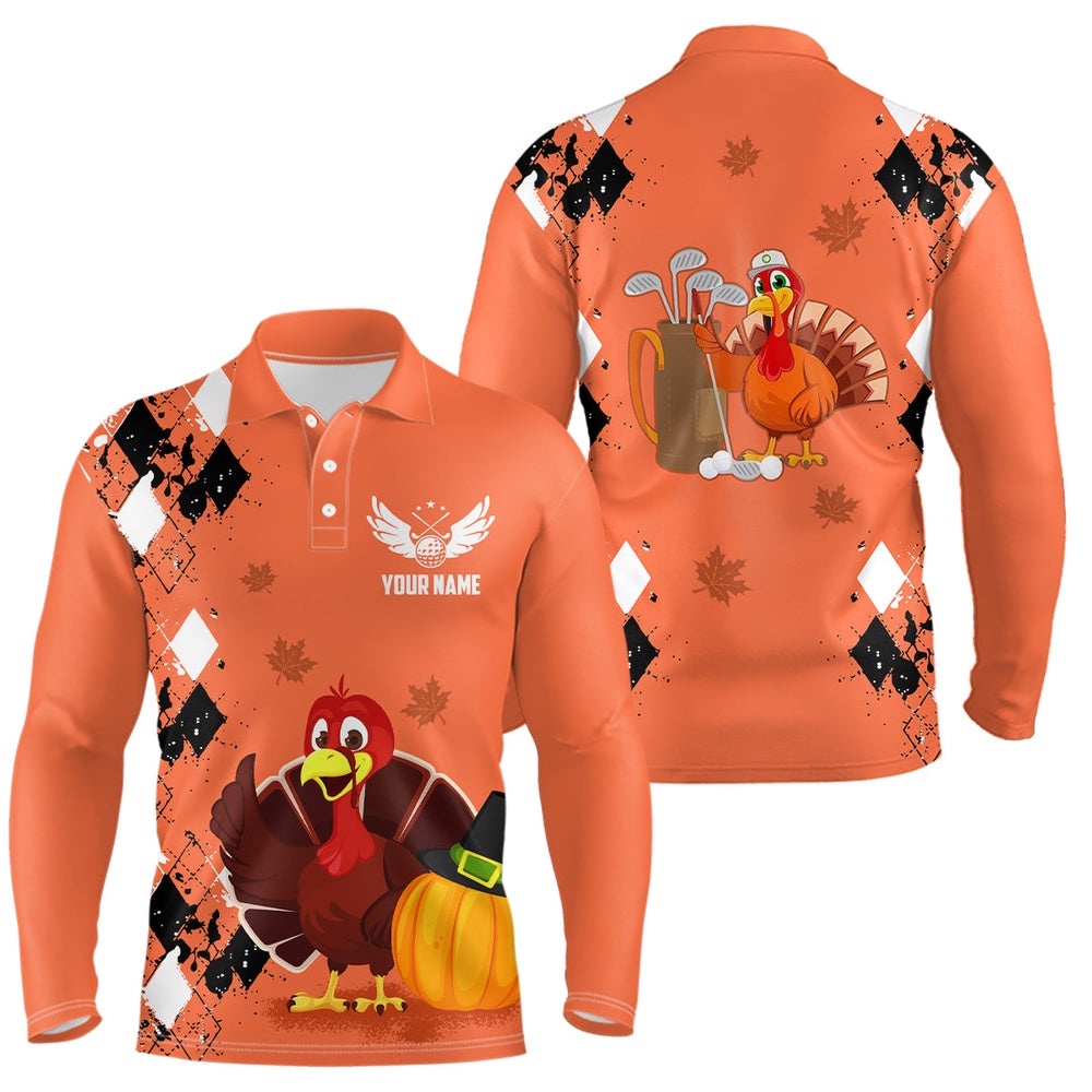 Turkey Bird Thanksgiving Golf Men’s Polo Shirt Argyle Orange Custom Men Golf Outfits Cool Golf Gifts, Golf Polo Shirt, Golf Shirts