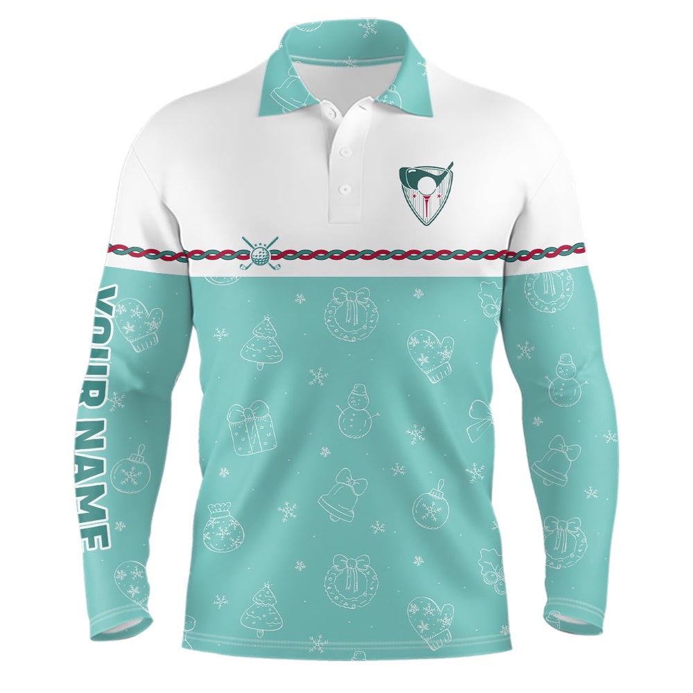 Turquoise Christmas Golf Men’s Polo Shirt Custom Winter Pattern Golf Shirts For Men Xmas Golf Gifts, Golf Polo Shirt, Golf Shirts