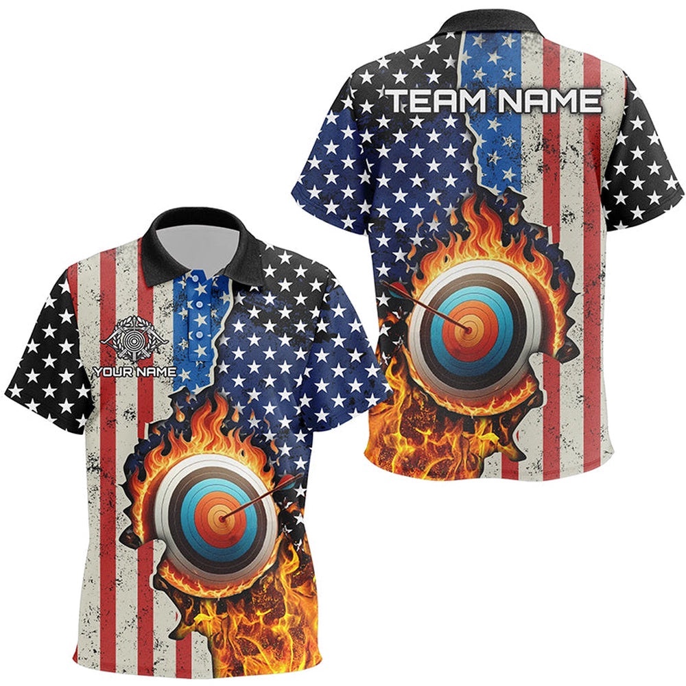 US Flag Flame Target Archery Polo Shirts, Custom Archery Team Shirts Design, Custom Archery Team Polo Shirt