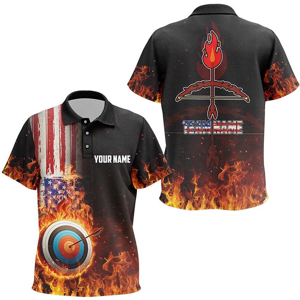 US Flag Flaming Target Archery Polo Shirts, Fire Bow Arrow Archery Polo, Custom Archery Team Polo Shirt