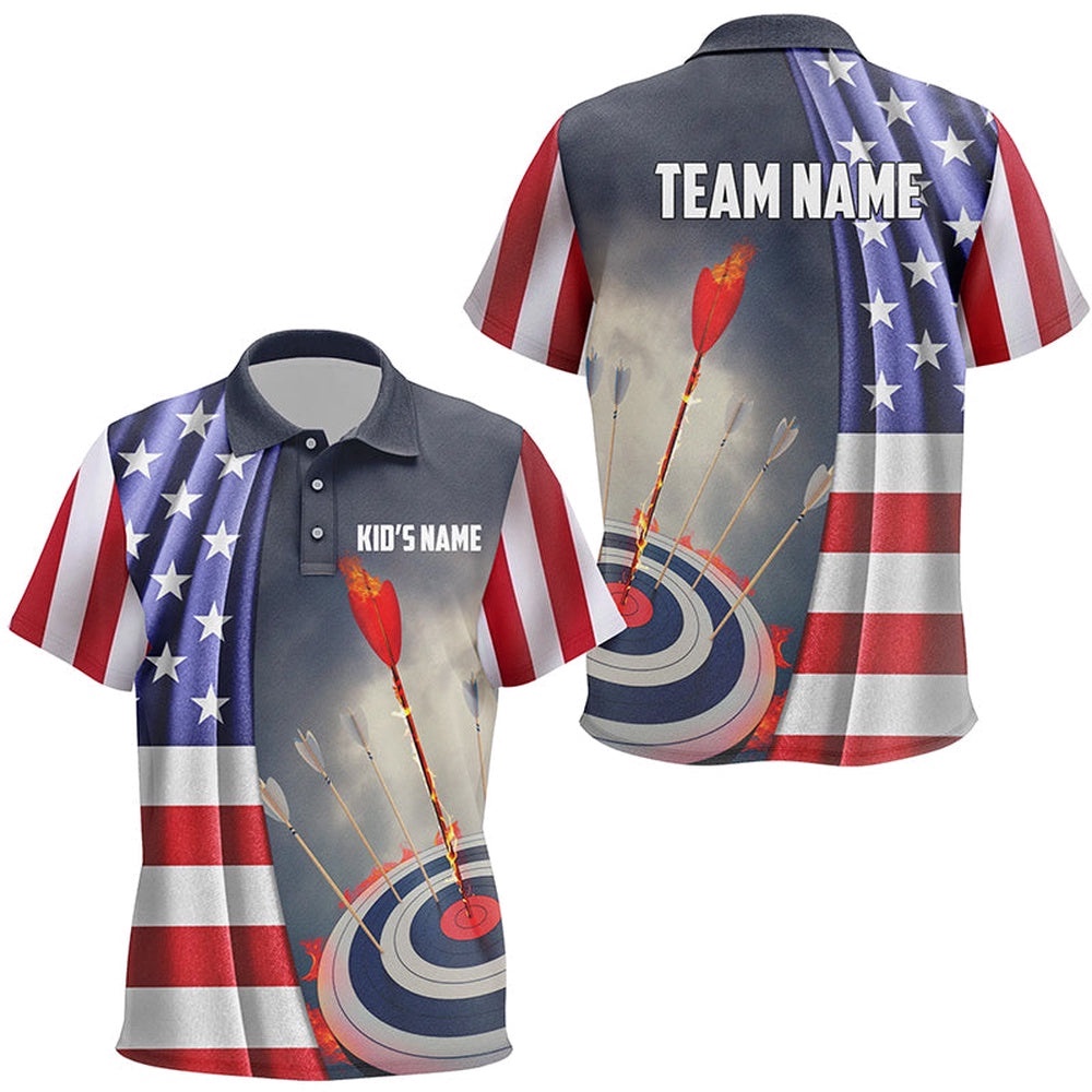 US Flag Patriotic Archery Polo Shirts, Flaming Arrow Target Archery Shirts, Custom Archery Team Polo Shirt