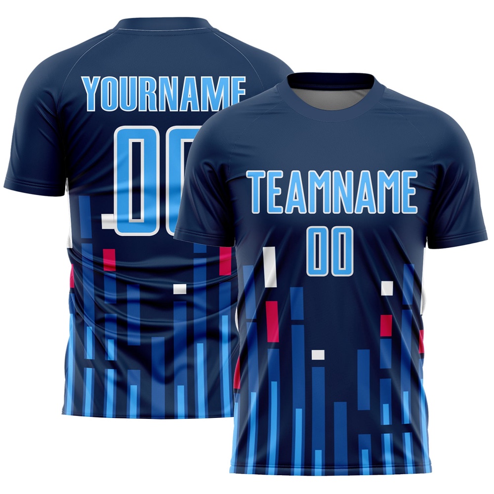 US Navy Blue Sky Blue White Lines Sublimation Soccer Uniform Jersey, Custom Team Soccer Jersey Shirt