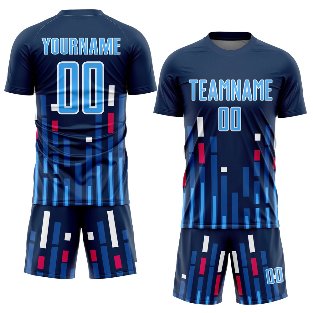 US Navy Blue Sky Blue White Lines Sublimation Soccer Uniform Jersey, Custom Team Soccer Jersey Shirt