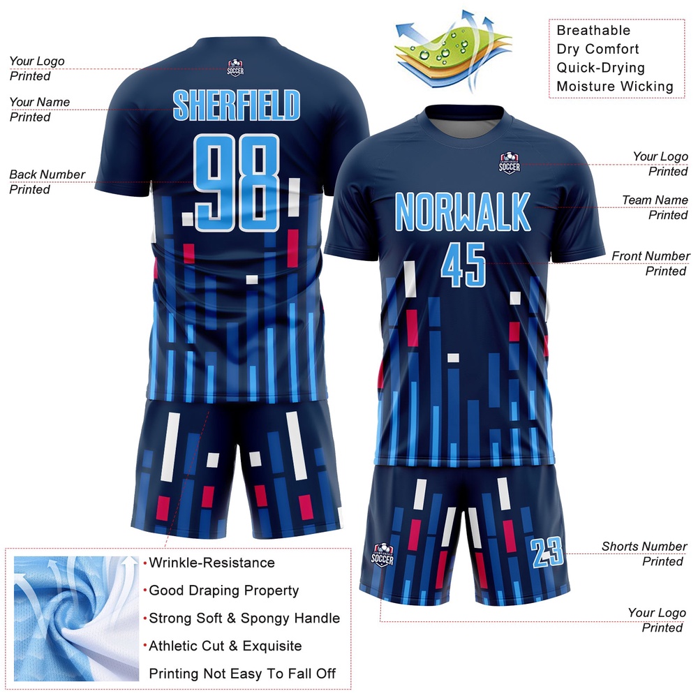 US Navy Blue Sky Blue White Lines Sublimation Soccer Uniform Jersey, Custom Team Soccer Jersey Shirt