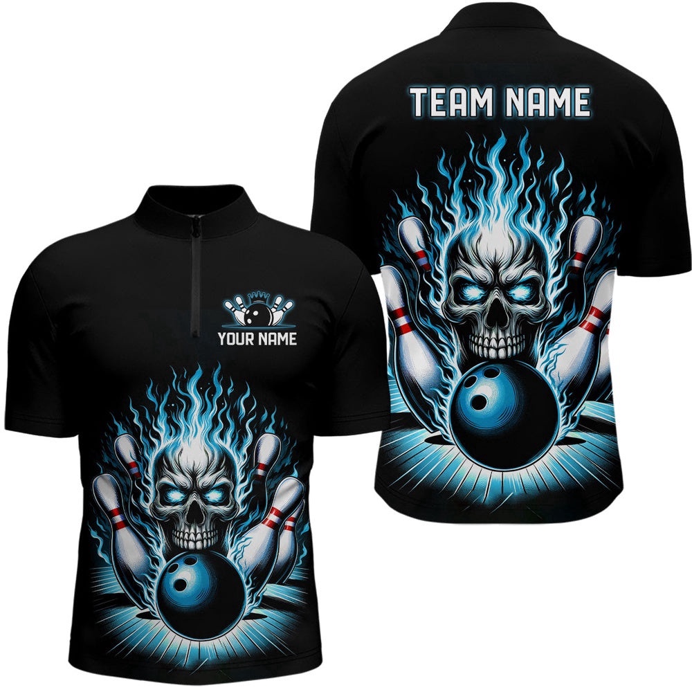 Unisex Skull Bowling Shirt Team’S Name Flame Bowler Jersey Teal Blue, Custom Bowling Team Jersey Shirt