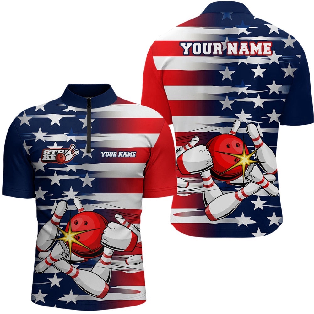 Us Flag Strike Bowling Polo Team Shirts, Patriotic Mens Bowling Shirts, Custom Bowling Team Jersey Shirt