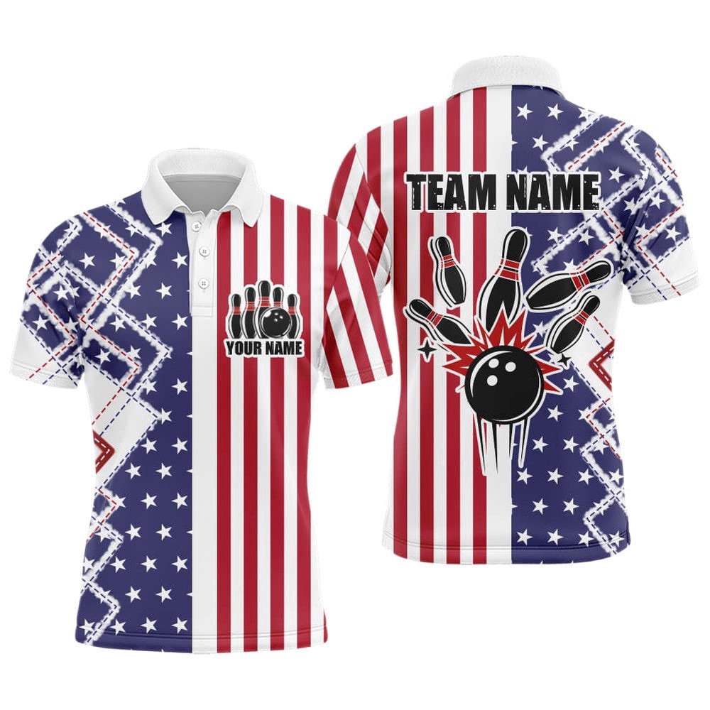Usa Bowling Polo Shirt For Men Custom Patriotic Bowling Polo Shirt Bowling Shirt For Team, Personalized Bowling Team Shirt