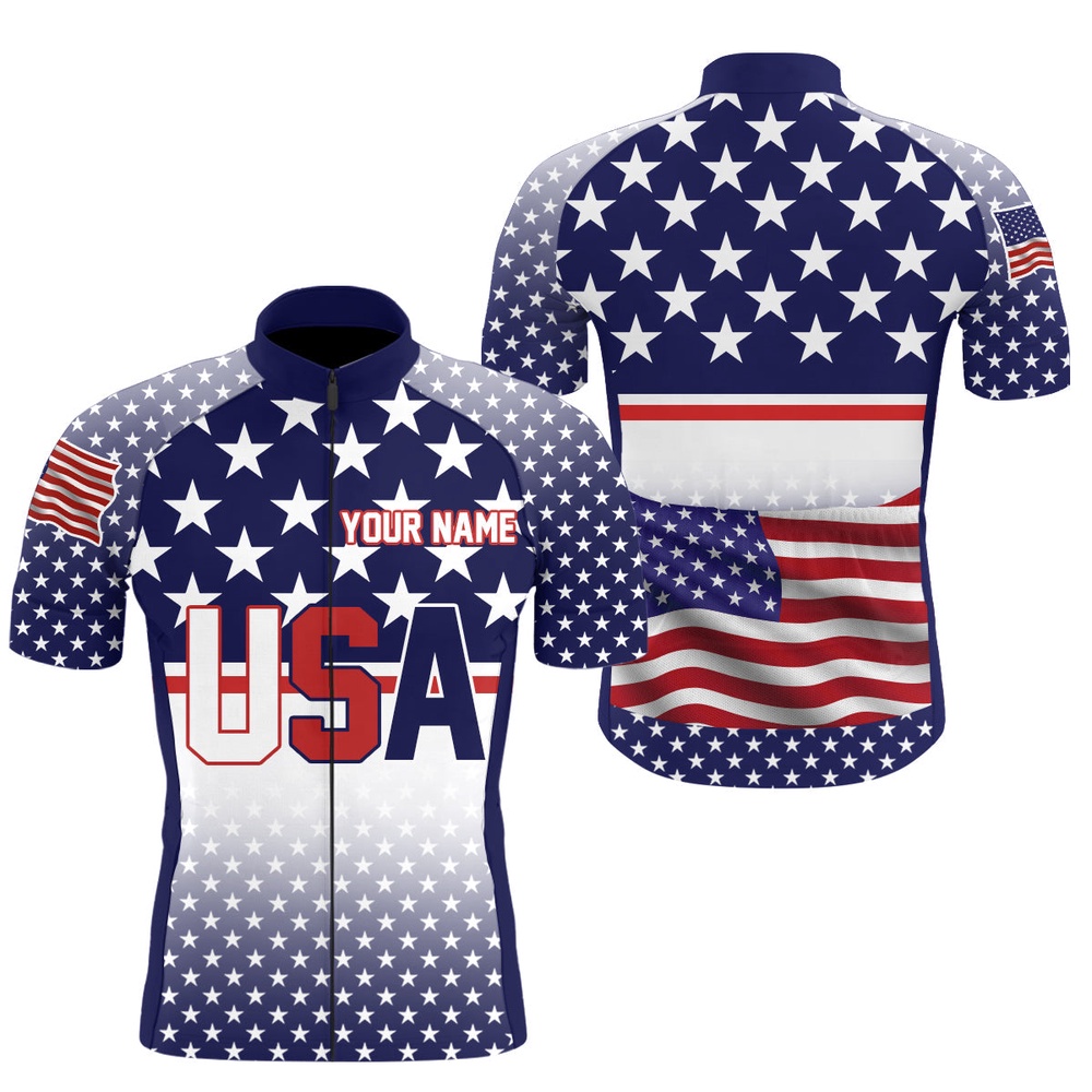 Usa Men Cycling Jersey American Flag Racewear Full Zipper Reflective Cycle Gear, Custom Mono Cycling Jersey