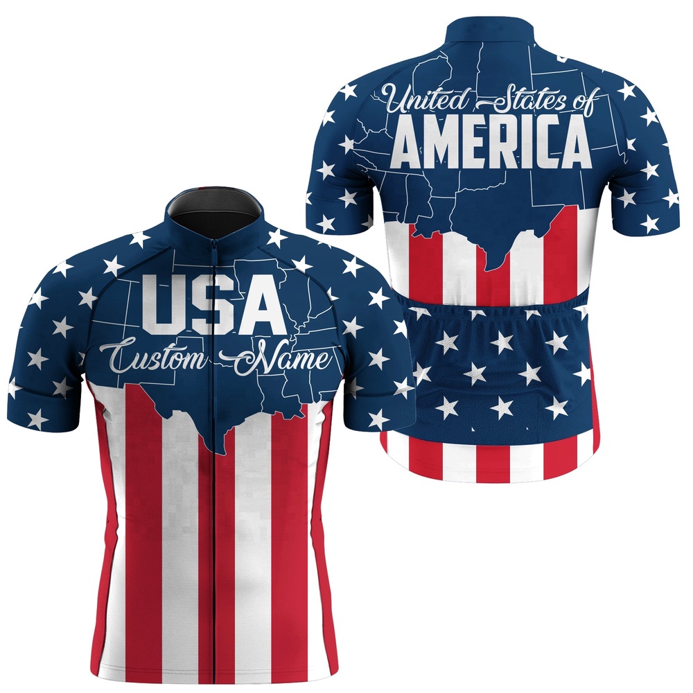Usa Mens Cycling Jersey American Flag Cycle Gear With 3 Pockets Full Zip Racewear, Custom Mono Cycling Jersey