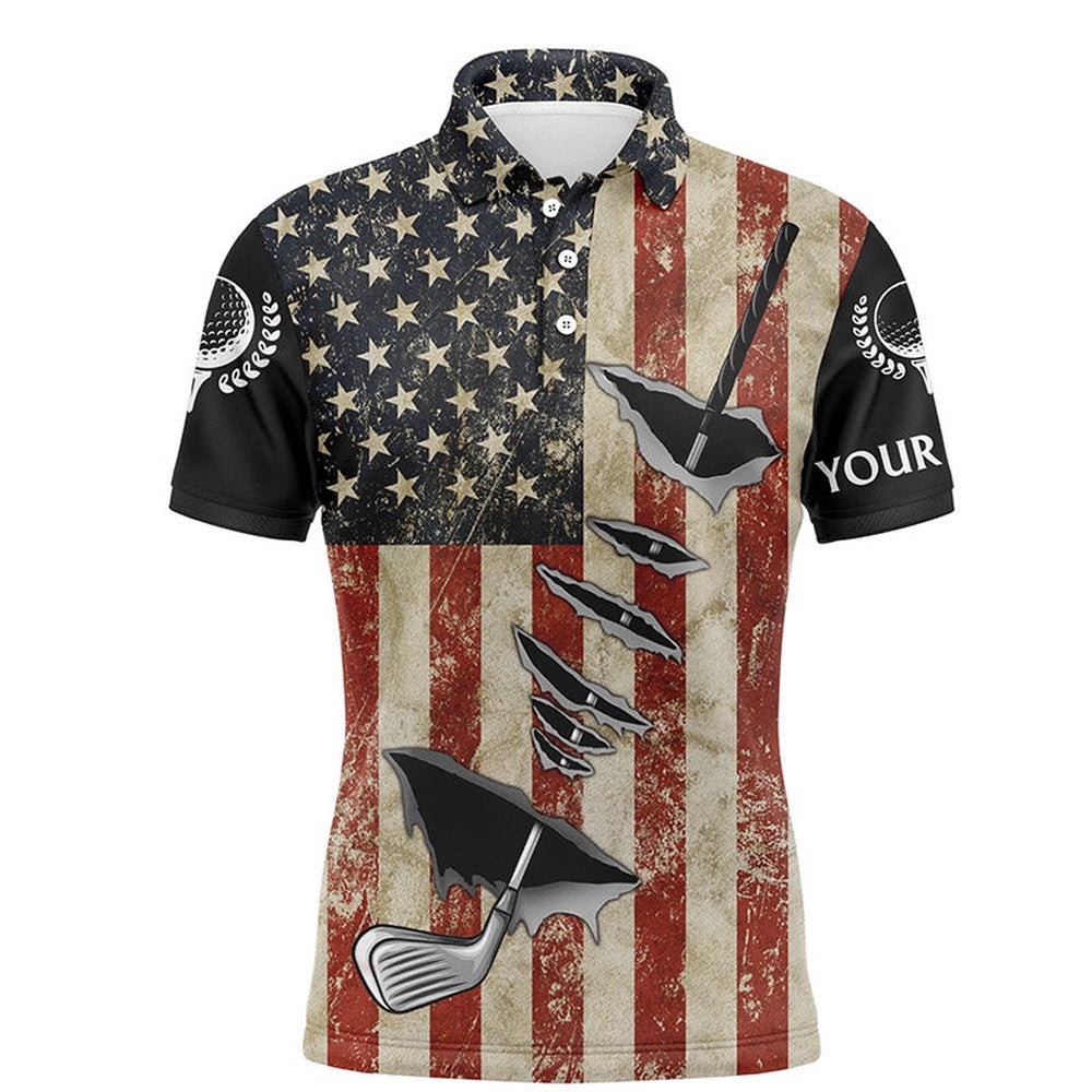 Vintage American Flag Golf Clubs Men’s Golf Polo Shirts Custom Name Patriotic Golf Gifts For Men’s, Golf Polo Shirt, Golf Shirts